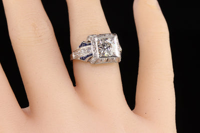 Antique Art Deco Platinum Old European Diamond Sapphire Engagement Ring - GIA