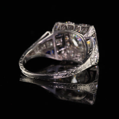 Antique Art Deco Platinum Old European Diamond Sapphire Engagement Ring - GIA
