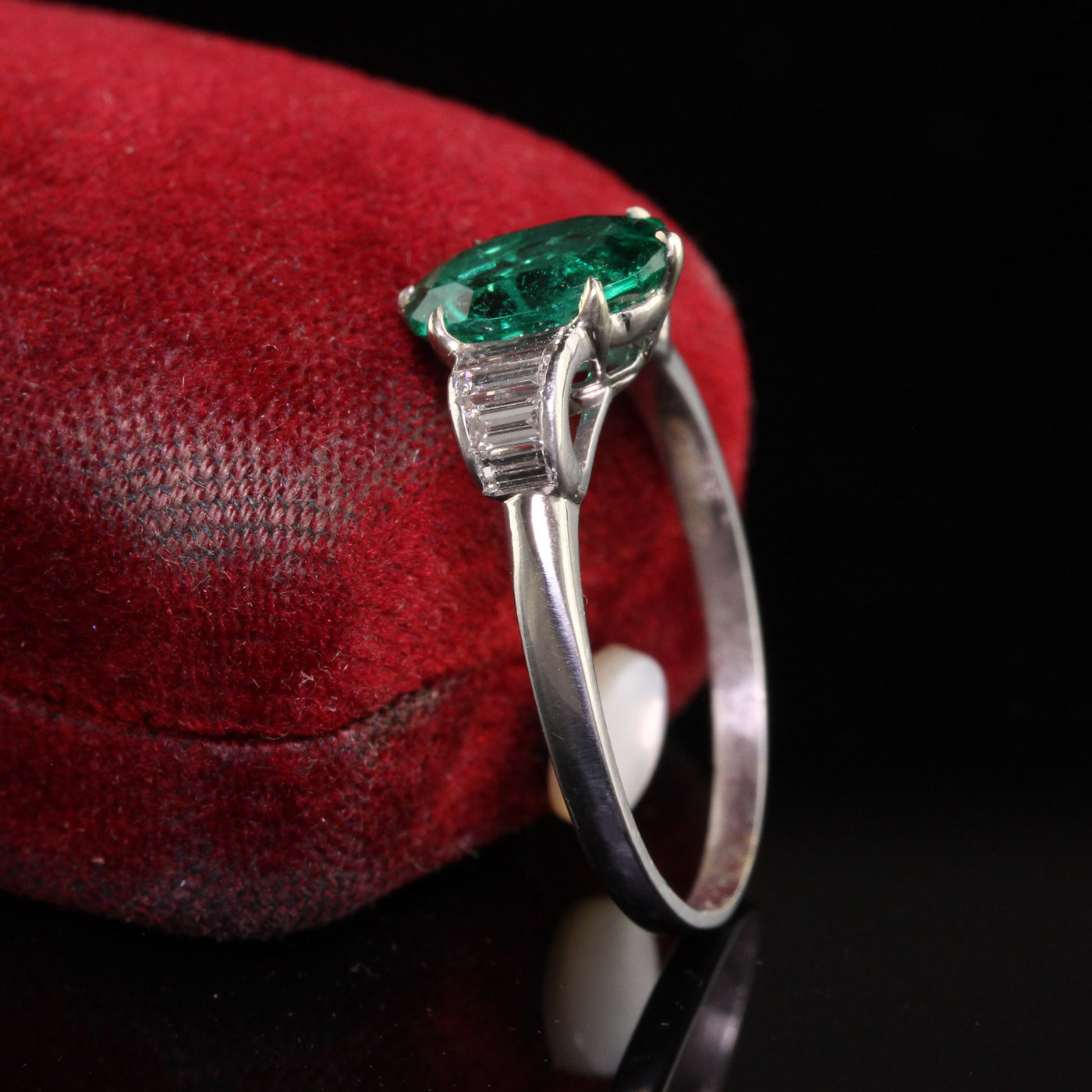 Vintage Retro Platinum Natural Emerald and Diamond Engagement Ring