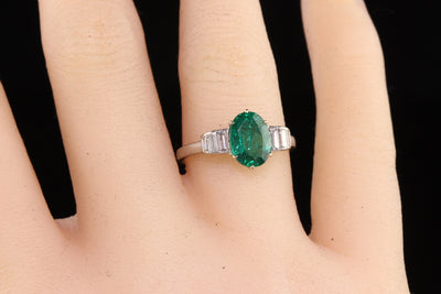 Vintage Retro Platinum Natural Emerald and Diamond Engagement Ring