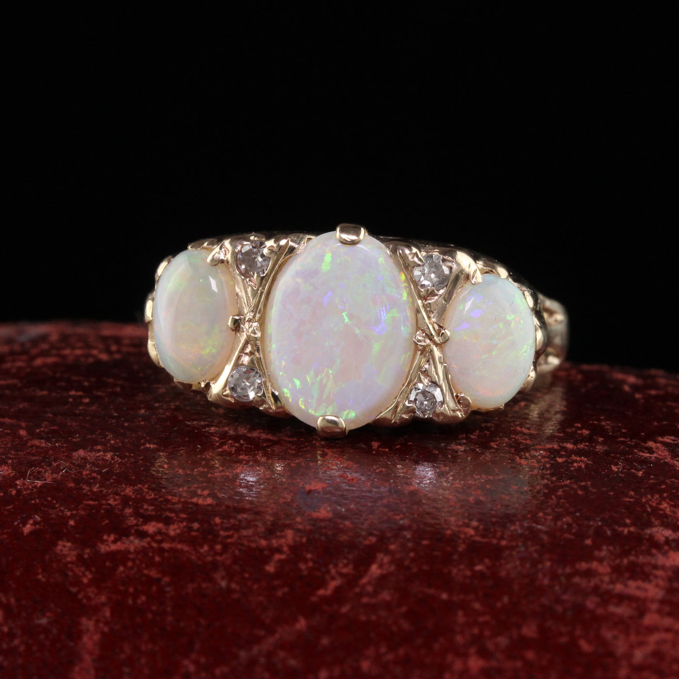 Antique Victorian English 10K Yellow Gold Opal three Stone Ring