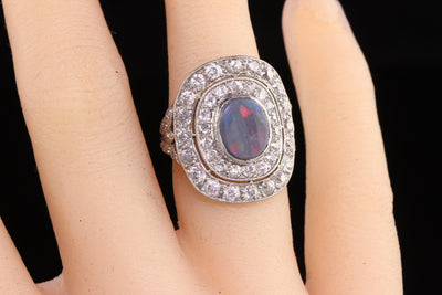Antique Art Deco Platinum Black Opal and Old European Diamond Shield Ring