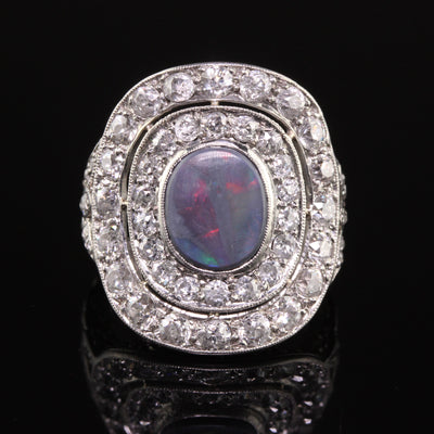 Antique Art Deco Platinum Black Opal and Old European Diamond Shield Ring