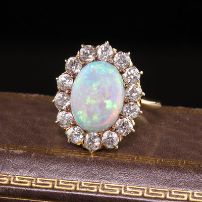 Antique Victorian 14K Yellow Gold Natural Opal Old Euro Diamond Engagement Ring