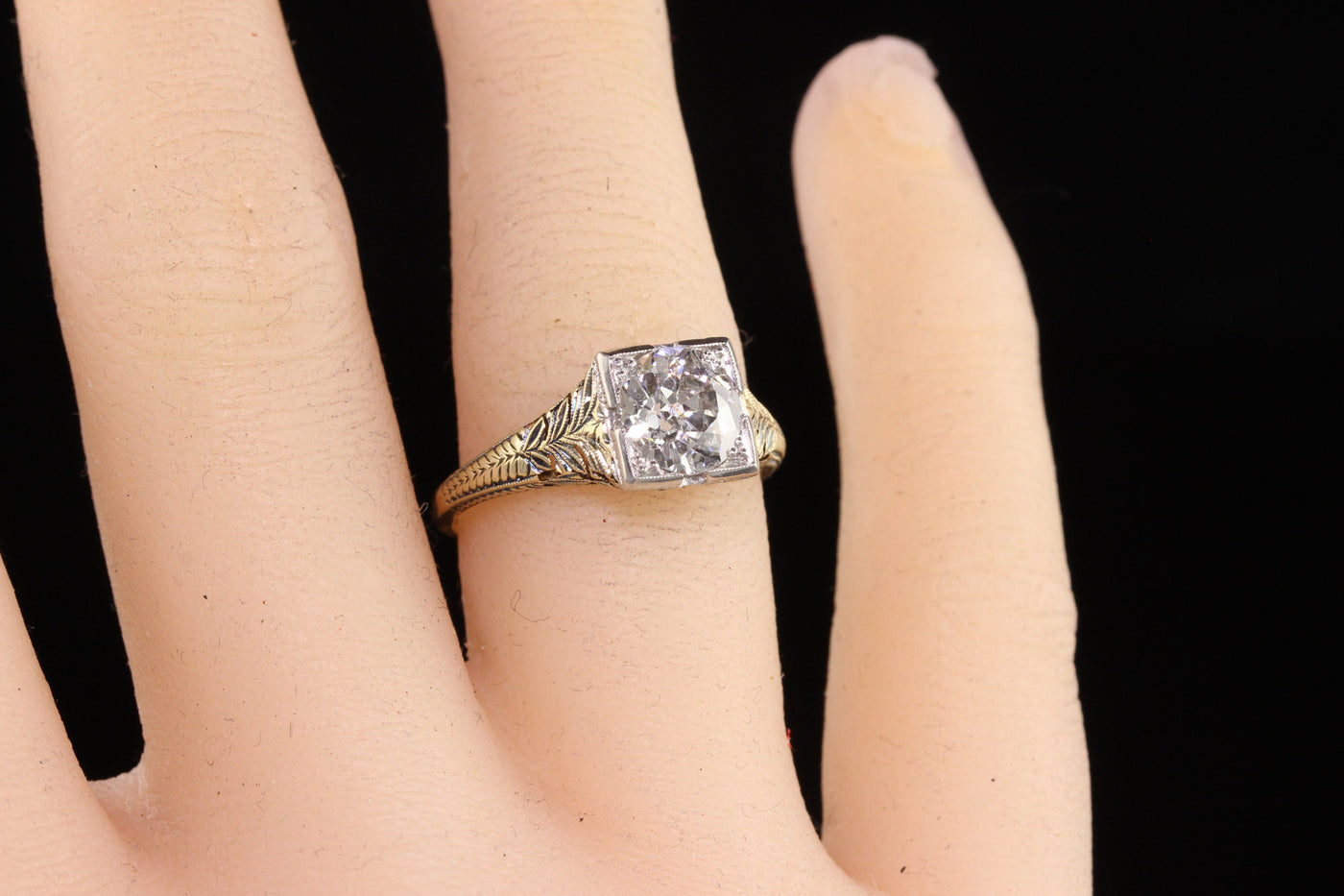 Antique Art Deco 14K Yellow Gold Filigree Old Euro Diamond Engagement Ring - GIA
