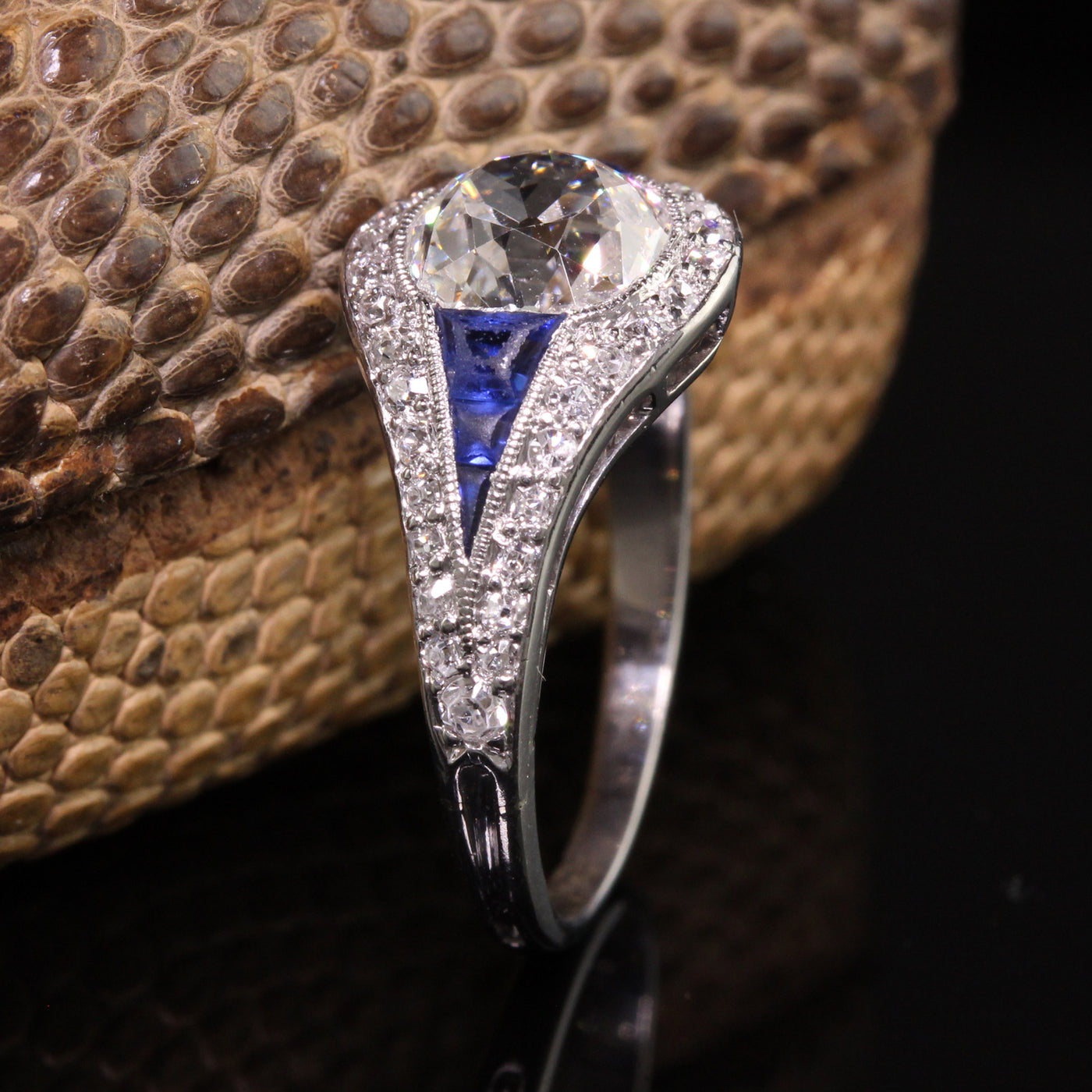 Antique Art Deco Platinum Old Mine Cut Diamond Sapphire Engagement Ring