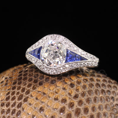 Antique Art Deco Platinum Old Mine Cut Diamond Sapphire Engagement Ring
