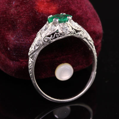Antique Art Deco Platinum Colombian Emerald Diamond Filigree Engagement Ring - GIA