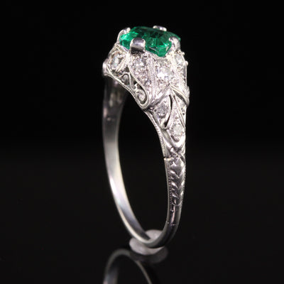 Antique Art Deco Platinum Colombian Emerald Diamond Filigree Engagement Ring - GIA