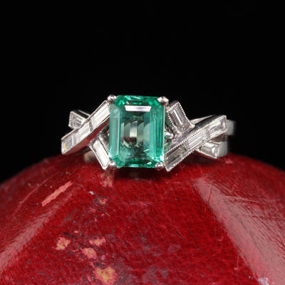 Antique Art Deco French Platinum Emerald and Diamond Engagement Ring - GIA