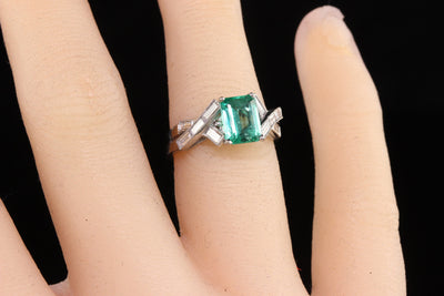 Antique Art Deco French Platinum Emerald and Diamond Engagement Ring - GIA