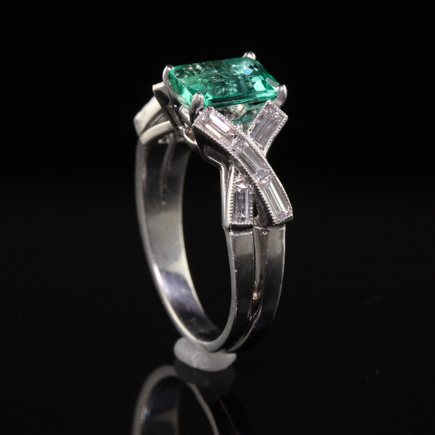 Antique Art Deco French Platinum Emerald and Diamond Engagement Ring - GIA