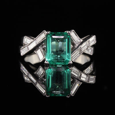 Antique Art Deco French Platinum Emerald and Diamond Engagement Ring - GIA