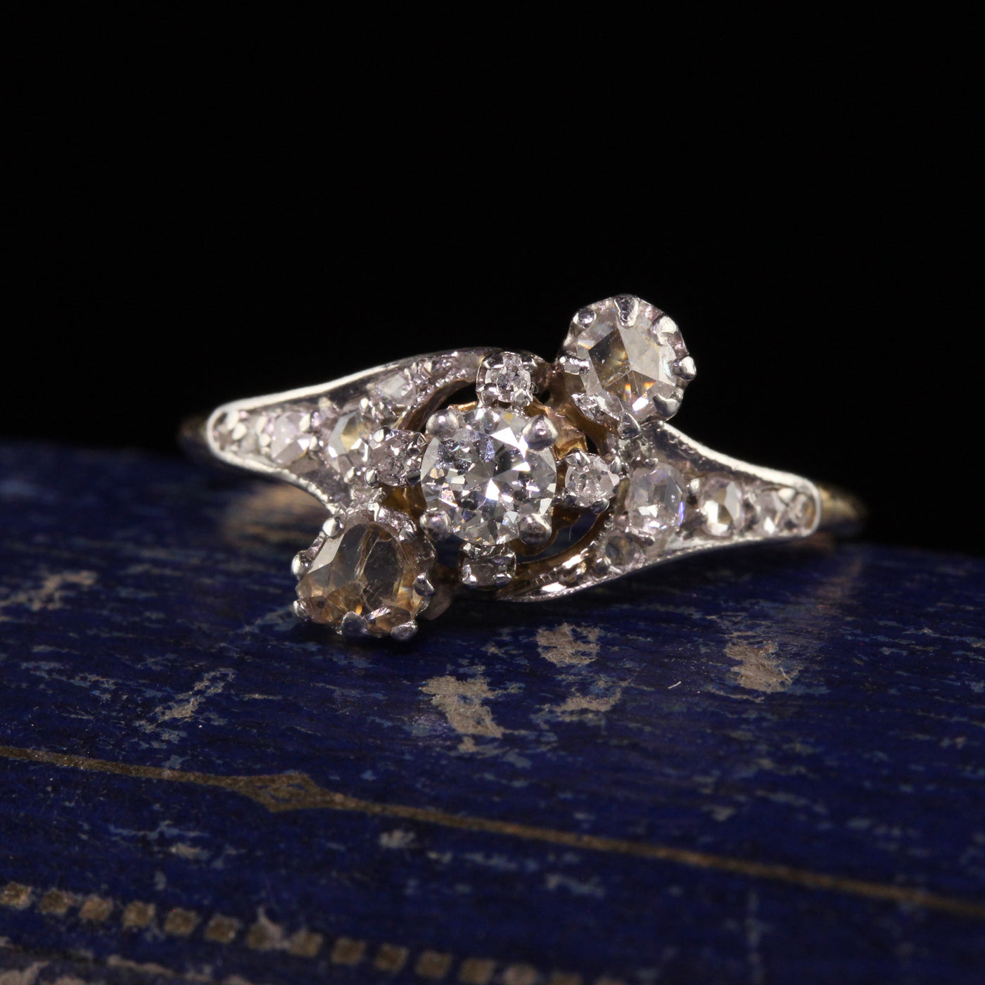 Antique Edwardian 18K Yellow Gold and Platinum Rose Cut Diamond Ring