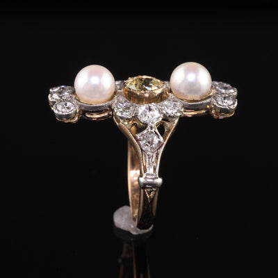 Antique Victorian 18K Yellow Gold Old European Diamond and Pearl Shield Ring