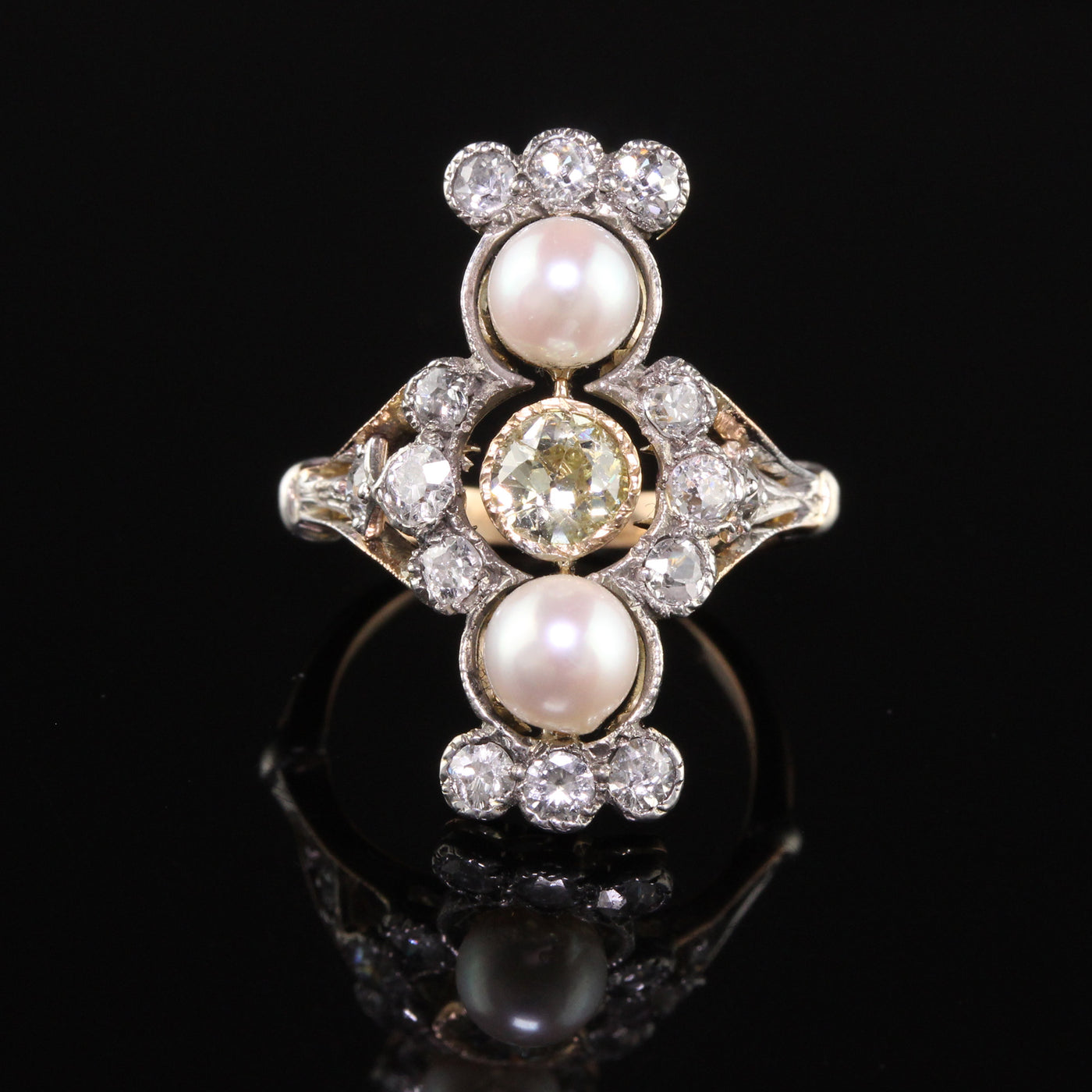 Antique Victorian 18K Yellow Gold Old European Diamond and Pearl Shield Ring