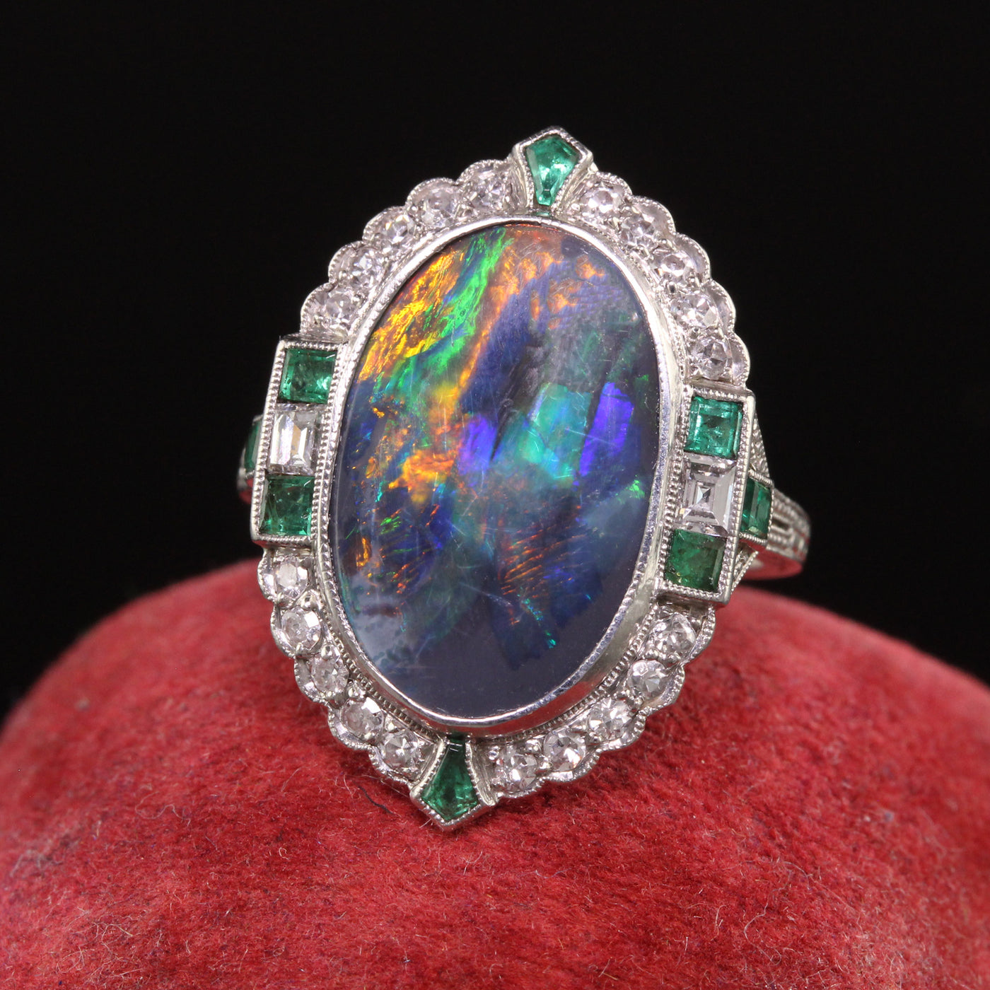 Antique Art Deco Platinum Black Opal Diamond and Emerald Cocktail Ring