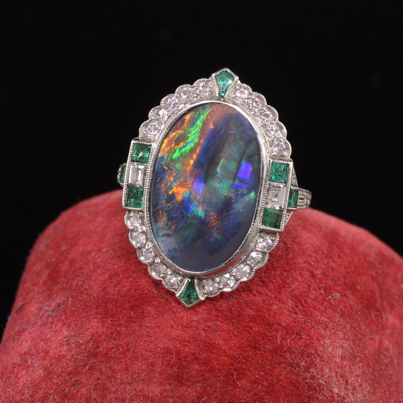 Antique Art Deco Platinum Black Opal Diamond and Emerald Cocktail Ring