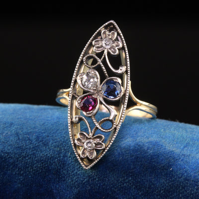 Antique Victorian 14K Yellow Gold Silver Top Old Cut Diamond Ruby Sapphire Navette Ring