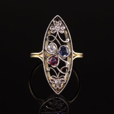 Antique Victorian 14K Yellow Gold Silver Top Old Cut Diamond Ruby Sapphire Navette Ring