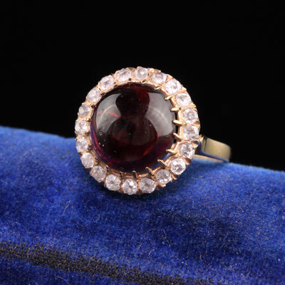 Antique Victorian 18K Rose Gold Cabochon Garnet Old Mine Diamond Ring