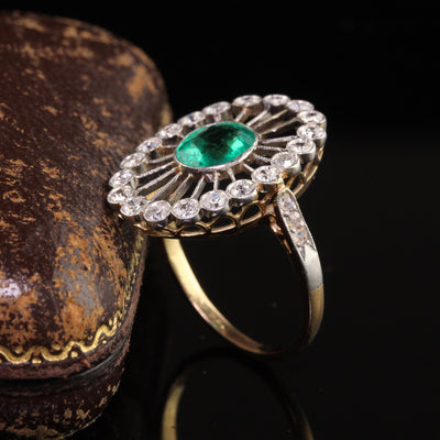 Antique Edwardian 18K Yellow Gold Colombian Emerald and Diamond Ring