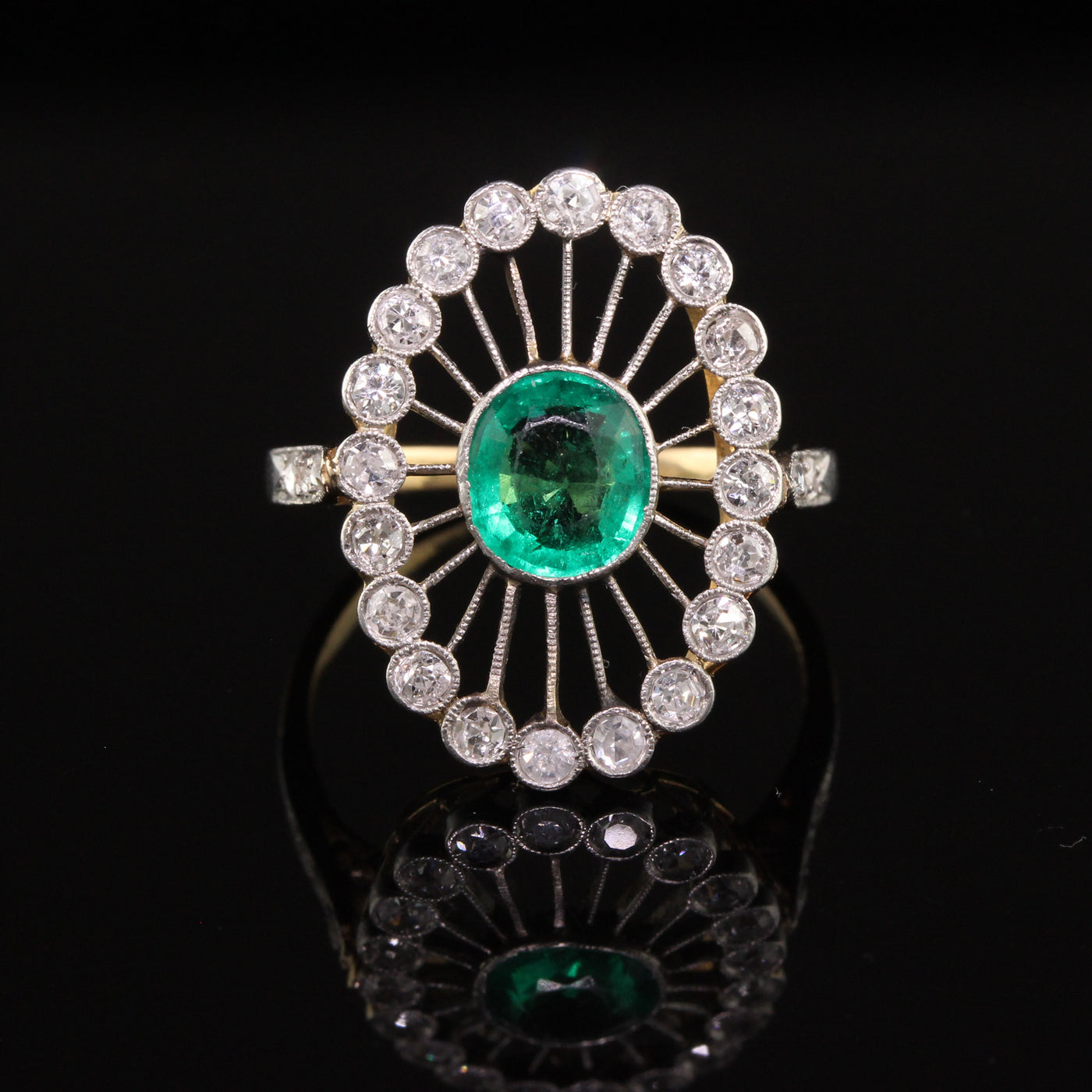 Antique Edwardian 18K Yellow Gold Colombian Emerald and Diamond Ring