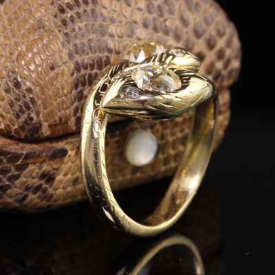 Antique Victorian 18K Yellow Gold Old Mine Cut Diamond Double Snake Ring
