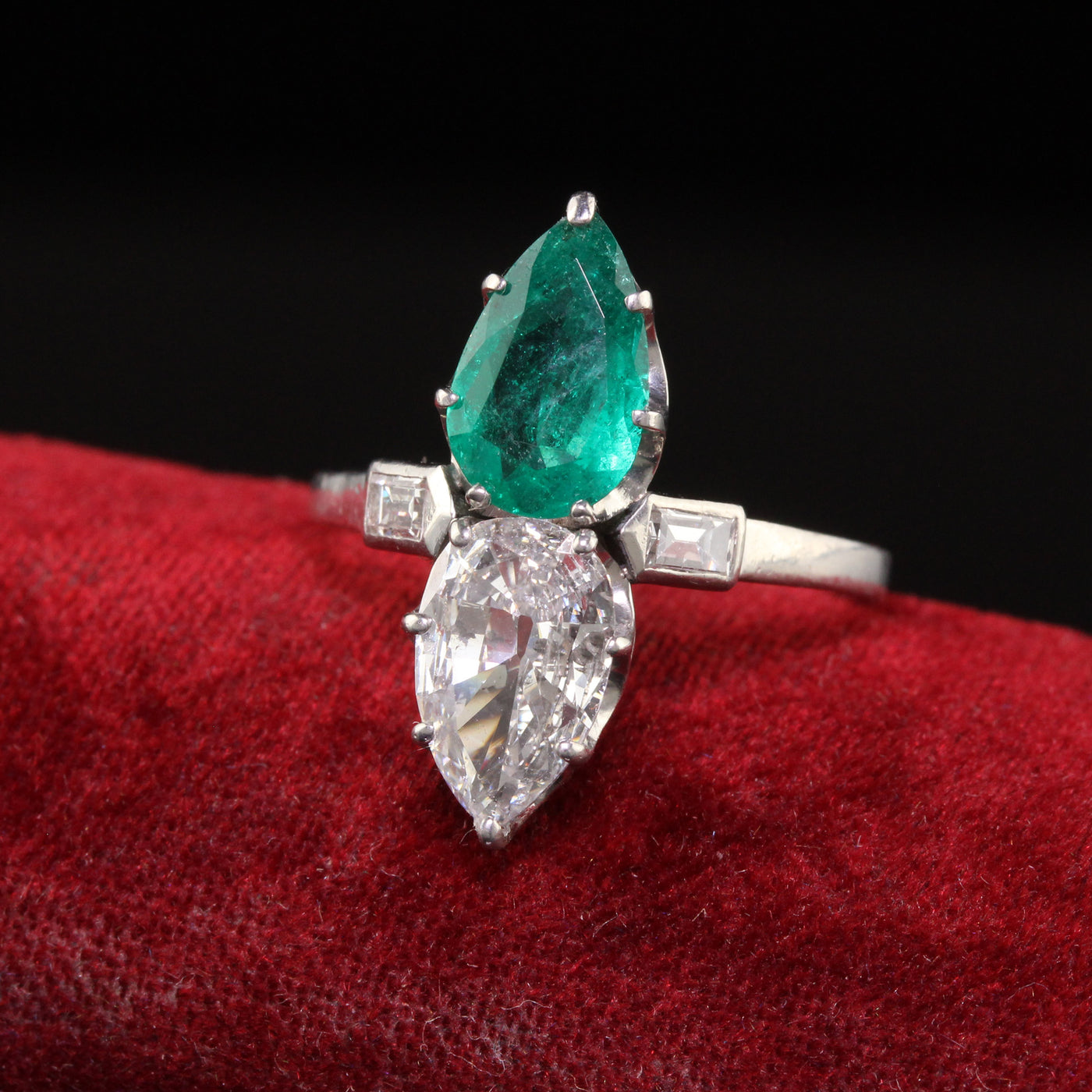 Antique Art Deco Platinum French Pear Diamond Emerald Toi et Moi Engagement Ring - GIA