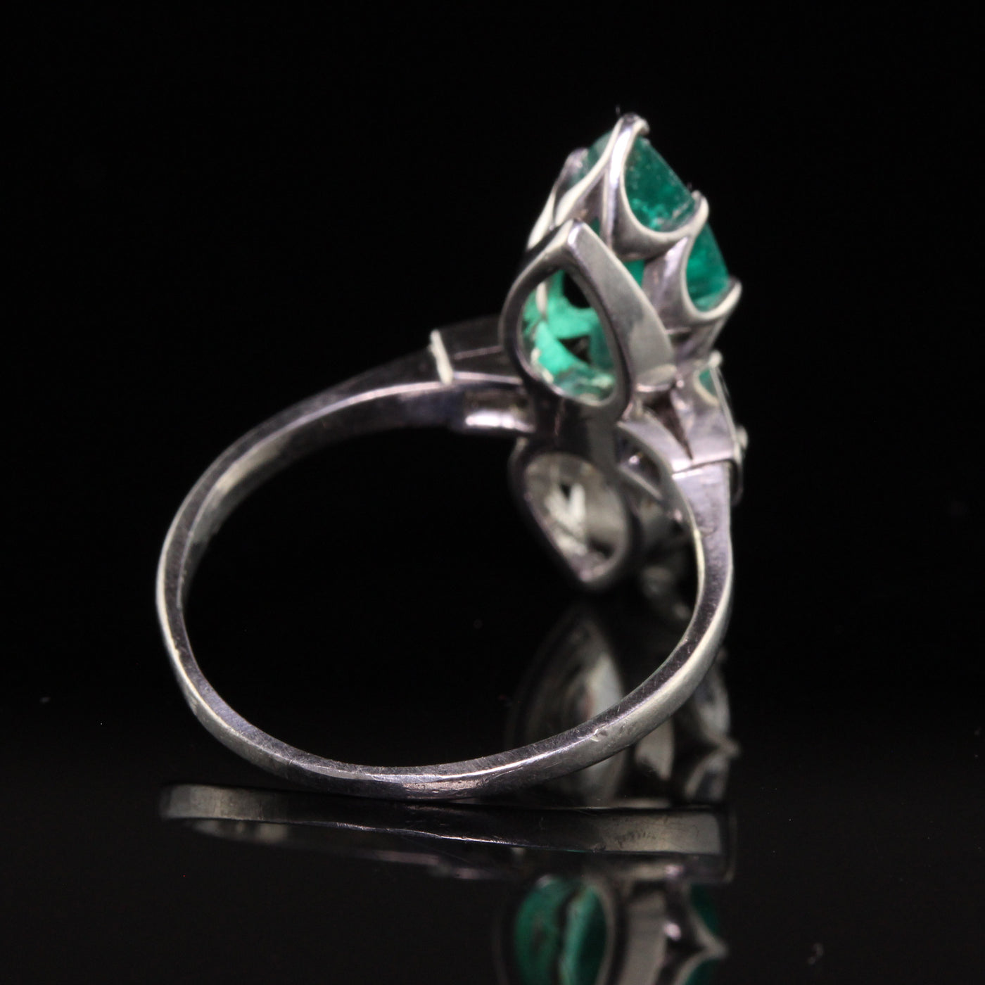 Antique Art Deco Platinum French Pear Diamond Emerald Toi et Moi Engagement Ring - GIA