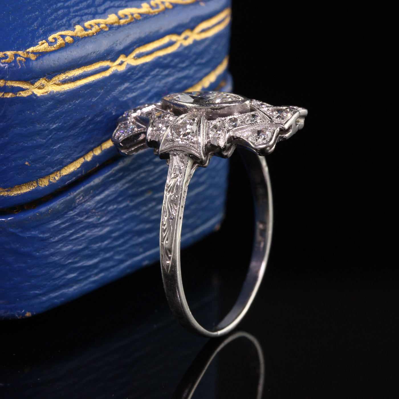 Antique Art Deco Platinum Old European Marquise Diamond Shield Ring