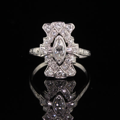 Antique Art Deco Platinum Old European Marquise Diamond Shield Ring