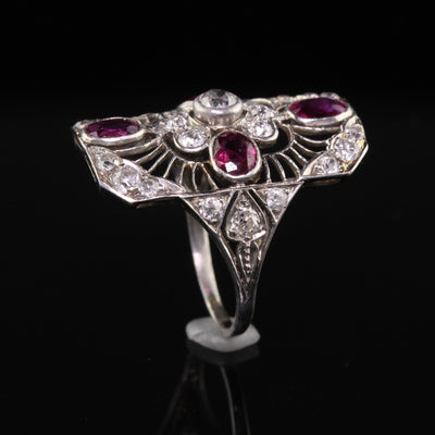 Antique Art Deco Platinum Old European Diamond and Ruby Filigree Shield Ring