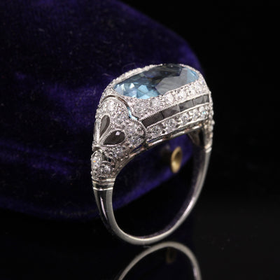 Antique Art Deco Platinum Aquamarine Onyx and Diamond Cocktail Ring