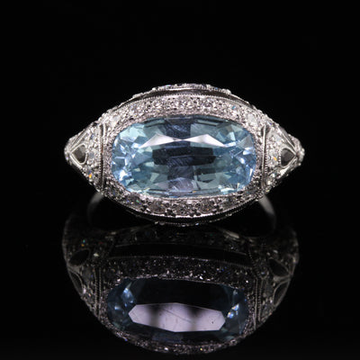 Antique Art Deco Platinum Aquamarine Onyx and Diamond Cocktail Ring