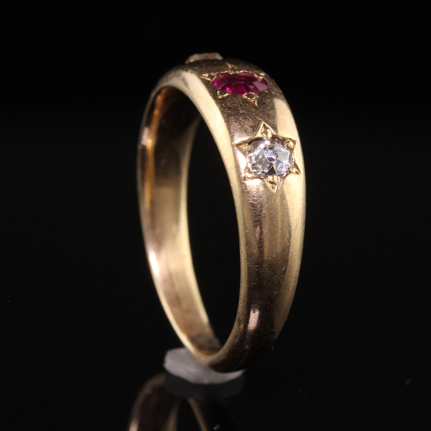 Antique Victorian 18K Yellow Gold Old Mine Diamond and Ruby Three Stone Ring