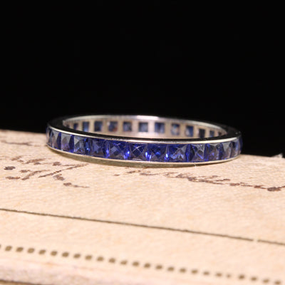 Antique Art Deco 18K White Gold French Cut Sapphire Eternity Band - Size 6 1/2