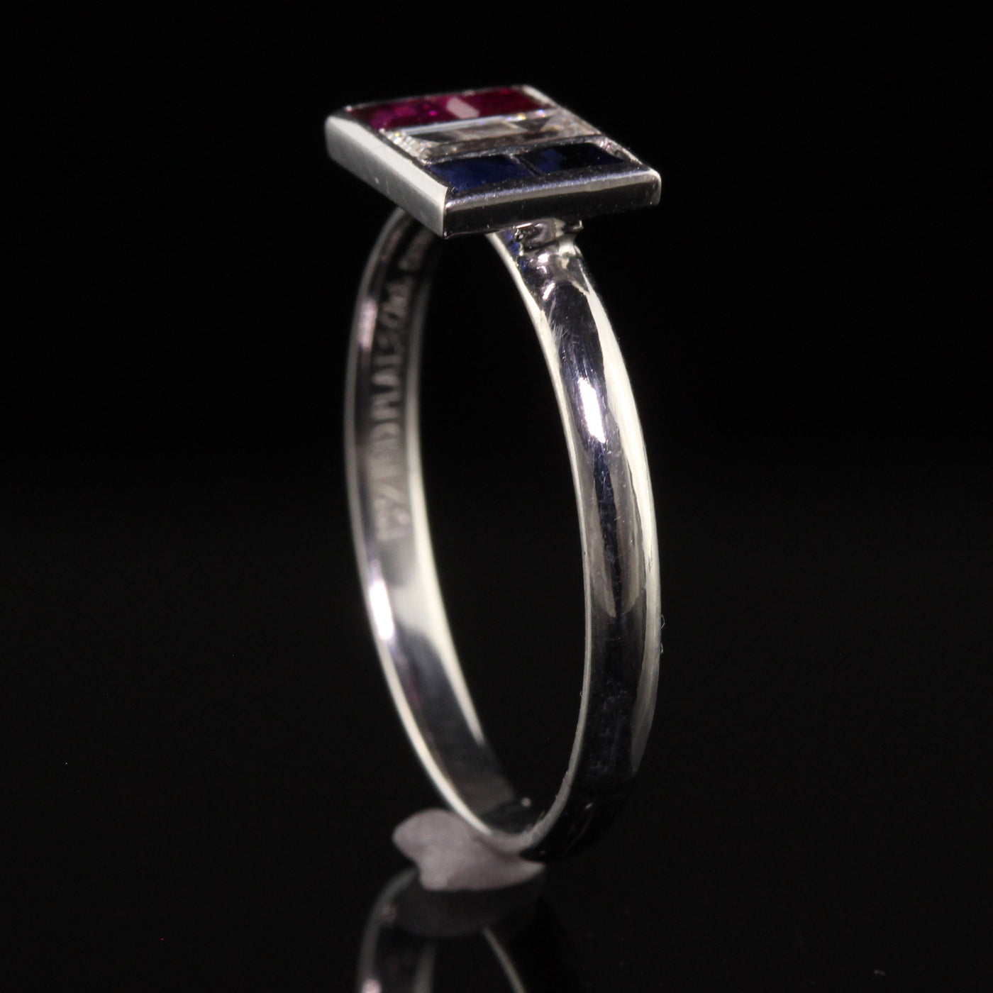 Antique Art Deco Platinum Art Carved Ruby Sapphire and Diamond Baguette Ring