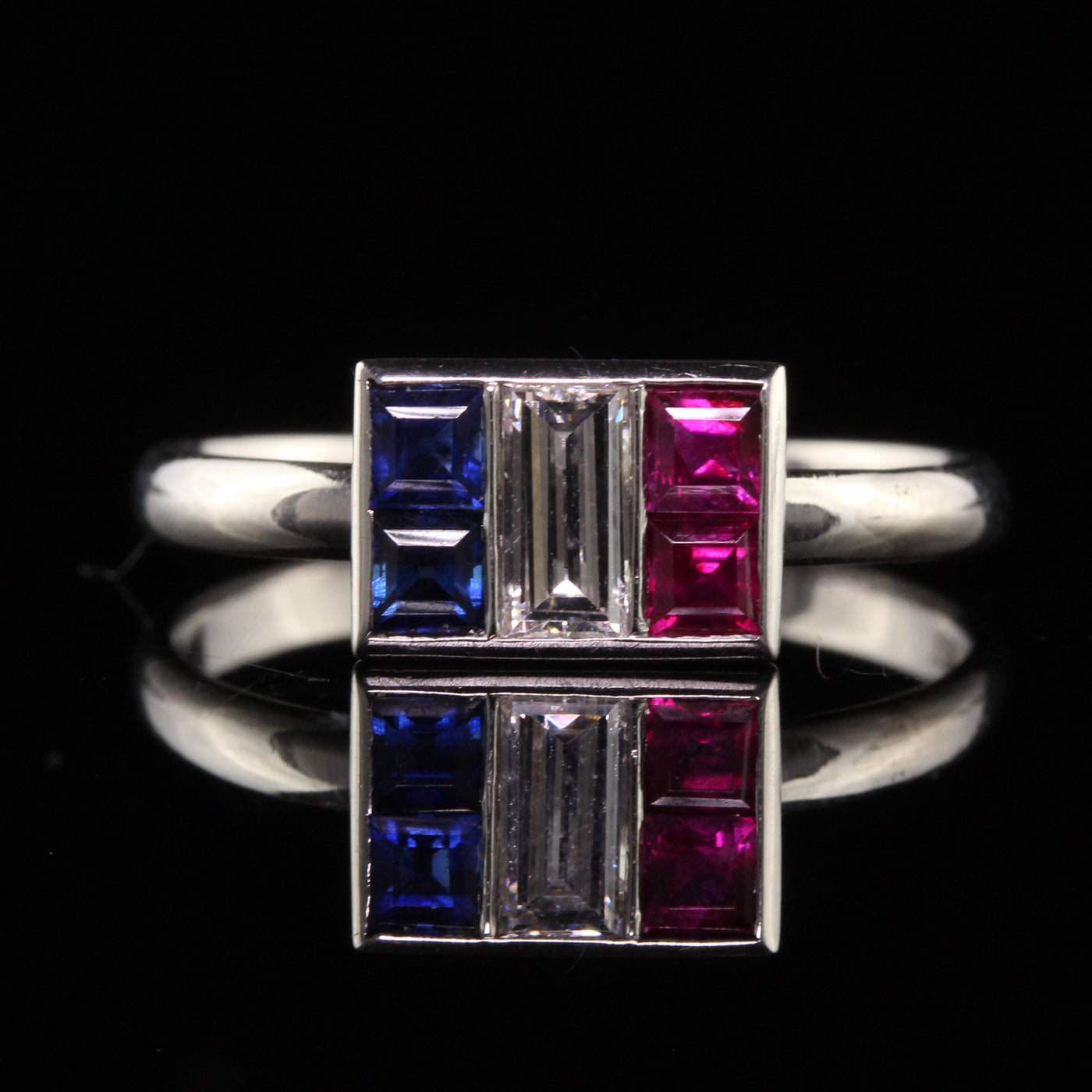 Antique Art Deco Platinum Art Carved Ruby Sapphire and Diamond Baguette Ring