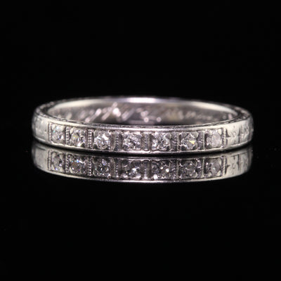 Antique Art Deco Platinum Single Cut Diamond Engraved Wedding Band - Size 6 3/4