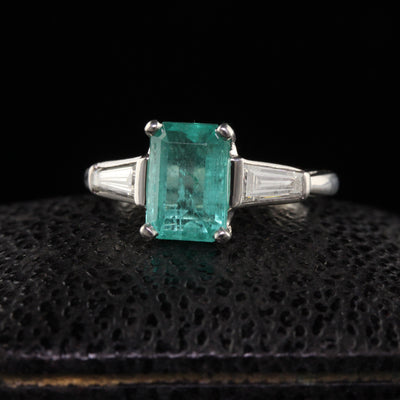 Vintage Retro Platinum Colombian Emerald Diamond Baguette Engagement Ring