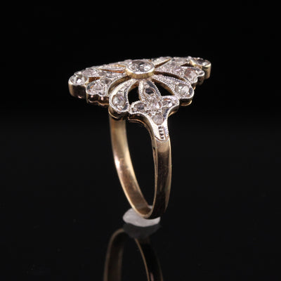 Antique Edwardian 18K Yellow Gold Platinum Rose Cut Diamond Filigree Ring