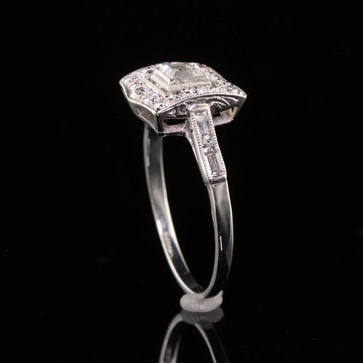 Antique Art Deco Platinum Carre Cut Old European Diamond Engagement Ring