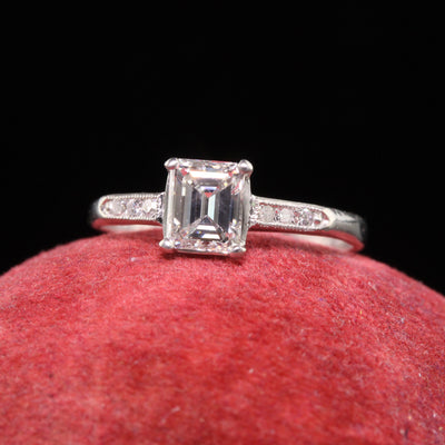 Antique Art Deco Platinum Emerald Cut Diamond Classic Engagement Ring - GIA
