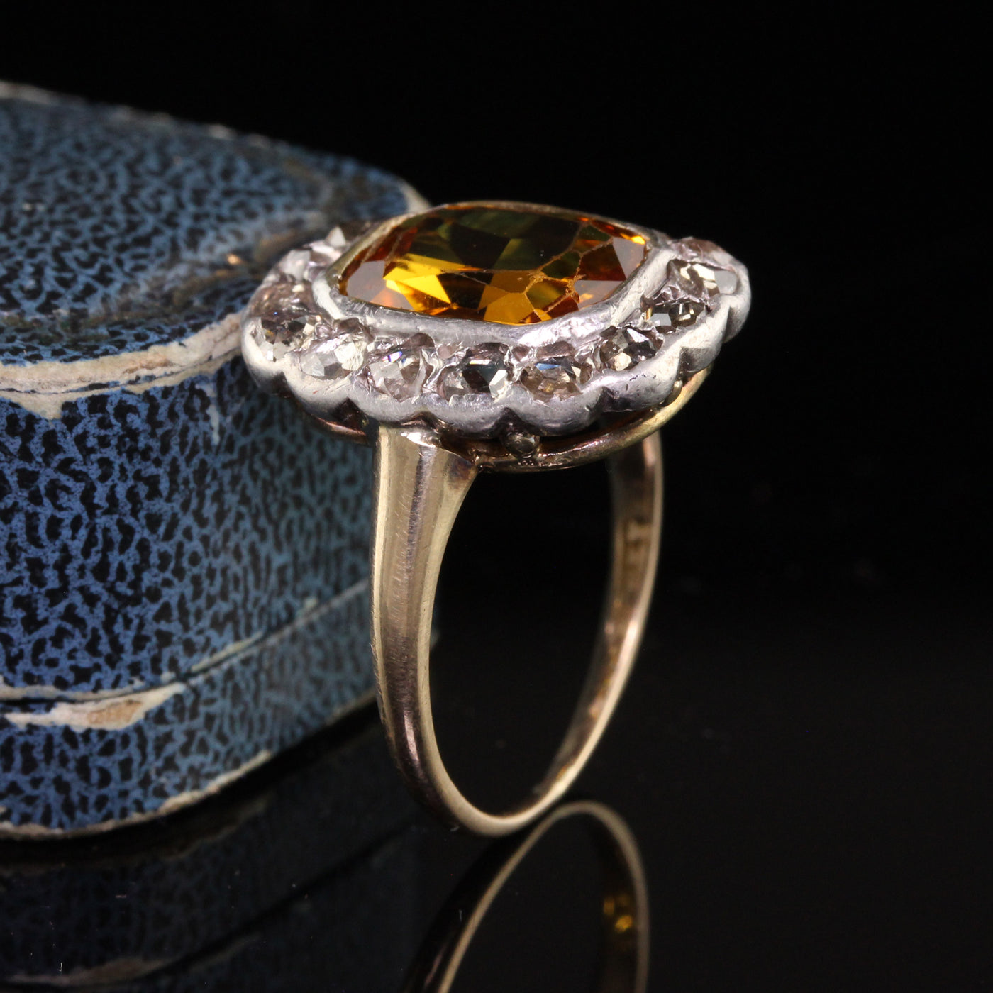 Antique Victorian 14K Yellow Gold Silver Top Citrine Rose Cut Diamond Ring