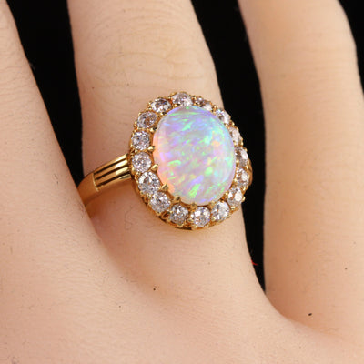 Antique Victorian 18K Yellow Gold Natural Opal and Diamond Cocktail Ring