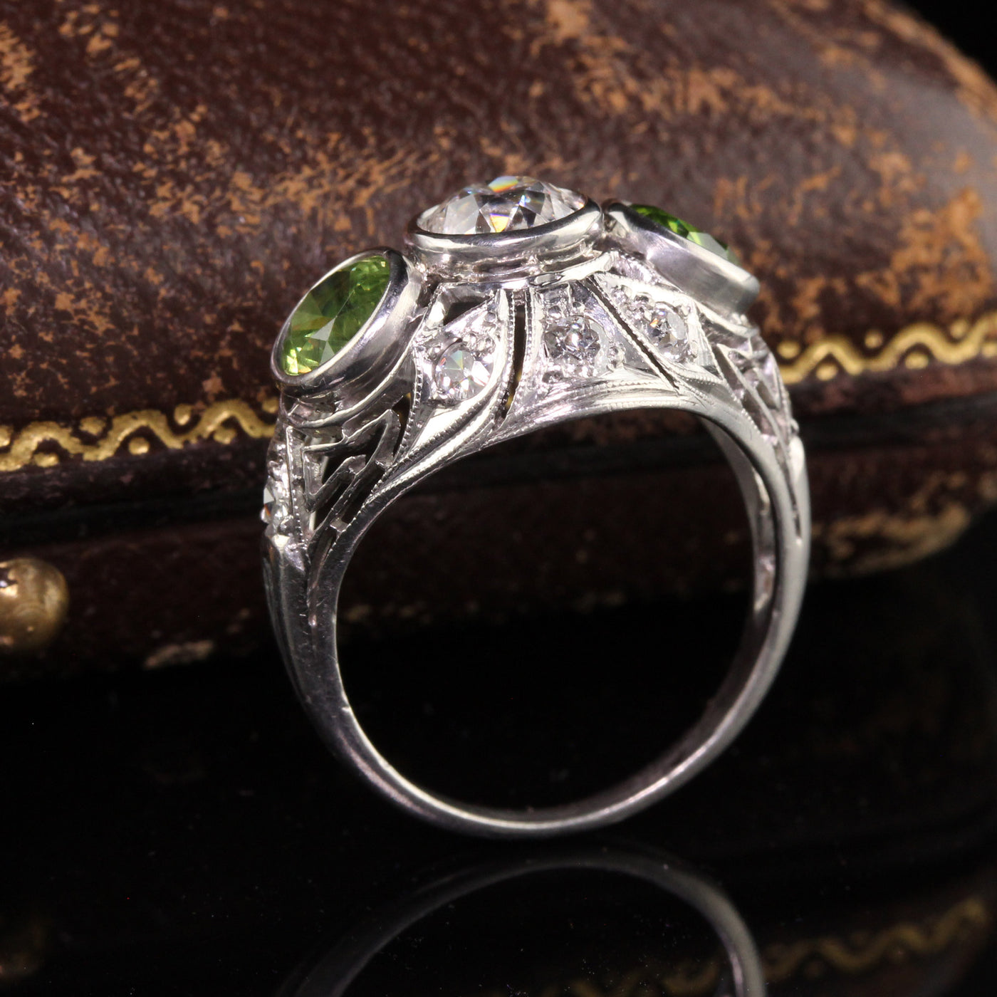 Antique Art Deco Platinum Demantoid Garnet and Diamond Three Stone Ring