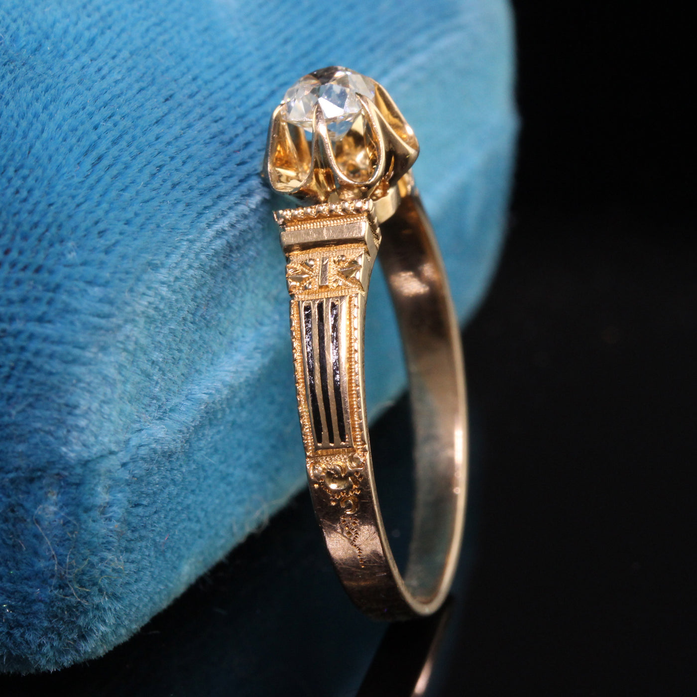 Antique Victorian 18K Yellow Gold Old Mine Diamond Enamel Engagement Ring