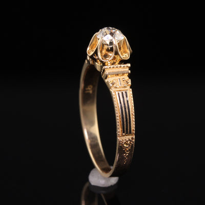 Antique Victorian 18K Yellow Gold Old Mine Diamond Enamel Engagement Ring