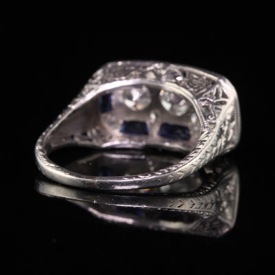 Antique Art Deco Platinum Old European Cut Diamond Filigree Three Stone Ring